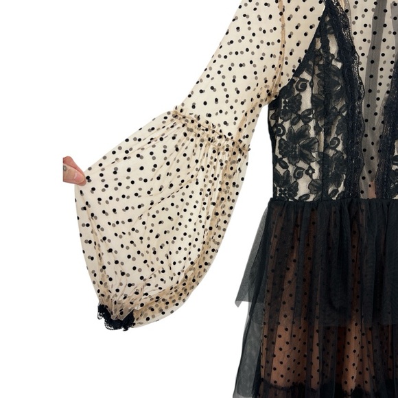 Giffniseti NWT Mesh Polkadot Whimsygoth Witchy Fairy Black Cream FlowyMaxi Dress - Picture 5 of 15